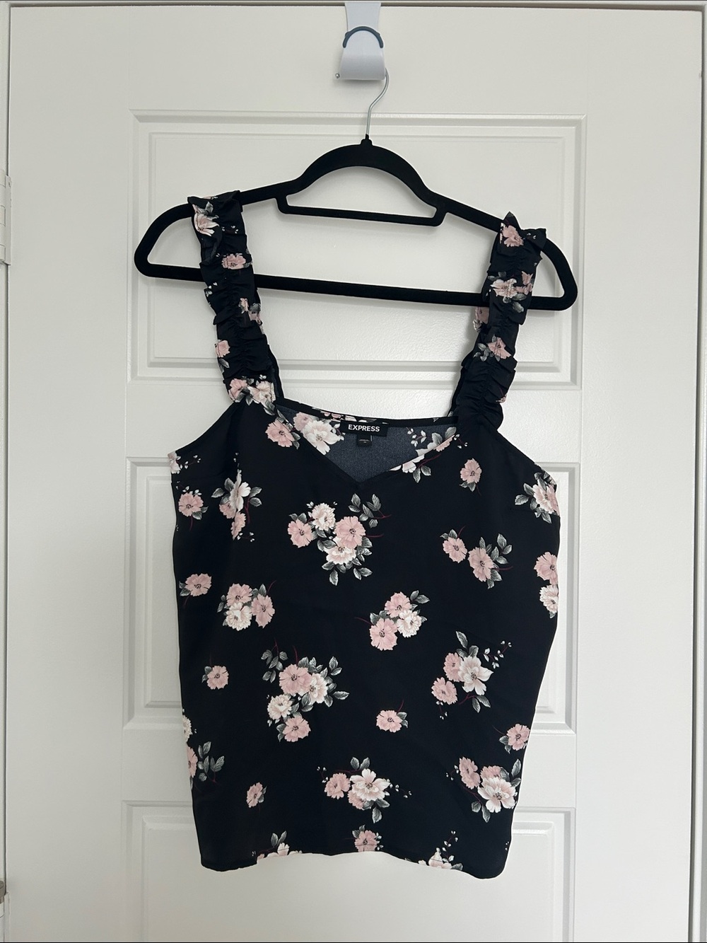 Express Black Tank Top with Pink Floral Print and Ruffled Straps